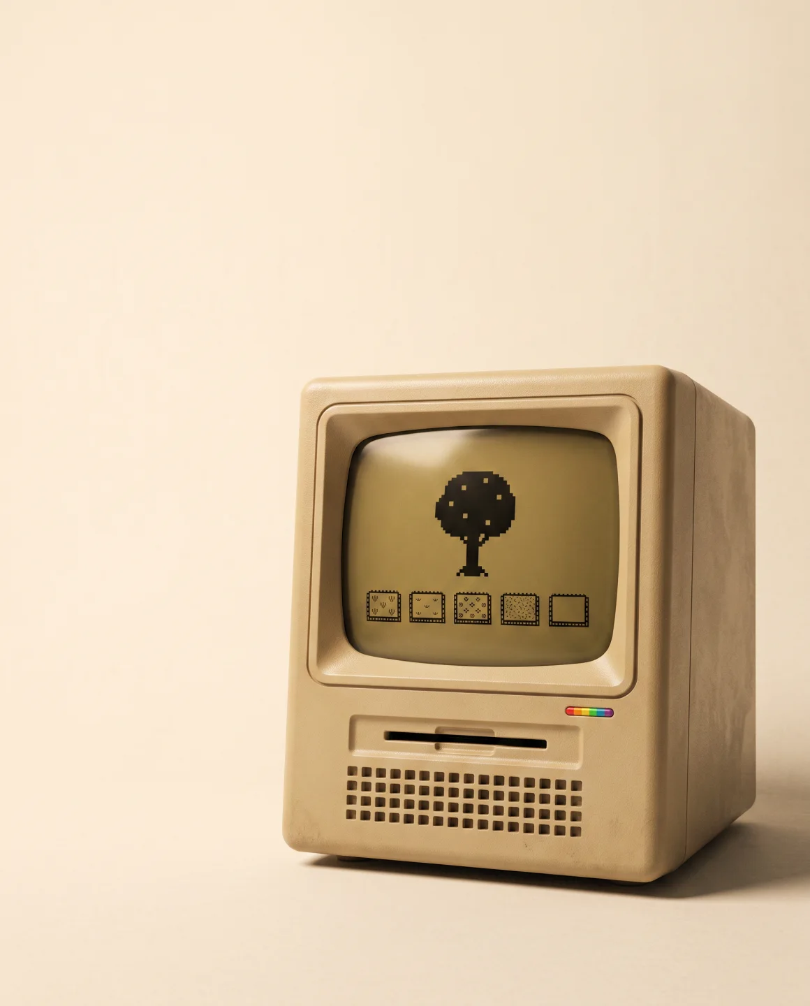 An original warm-beige TREE garden terminal displaying a pixel tree and five plots